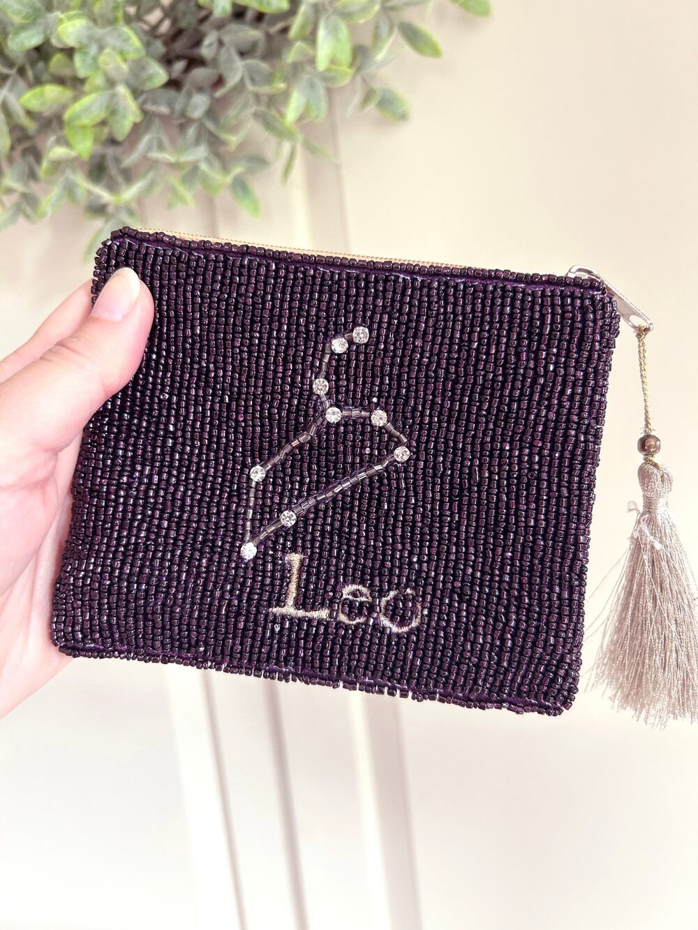 Beaded Leo Zodiac Coin Pouch in Purple - Made in India, Gently Pre-Loved
